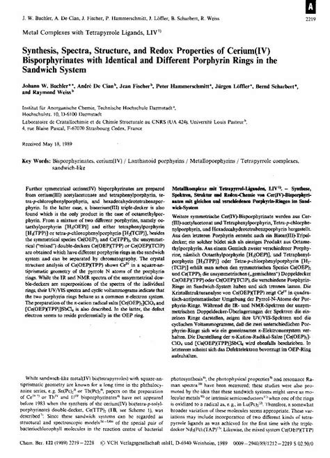 (PDF) Metal complexes with tetrapyrrole ligands, LIV: Synthesis, spectra, structure, and redox ...