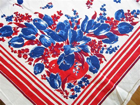 Red, White and Blue Floral Vintage Tablecloth with Stripes*1950's Cotton Print Tablecloth Blue ...