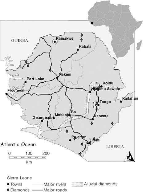 Map of Sierra Leone and locations of known diamond deposits (source:... | Download Scientific ...