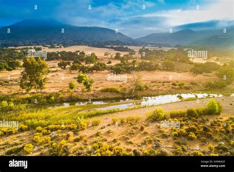 aerial view of Santa Ynez River above Lake Cachuma, Santa Ynez Valley, California Stock Photo ...