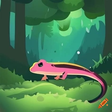 Cartoon image of a cute pink and green newt in the forest on Craiyon