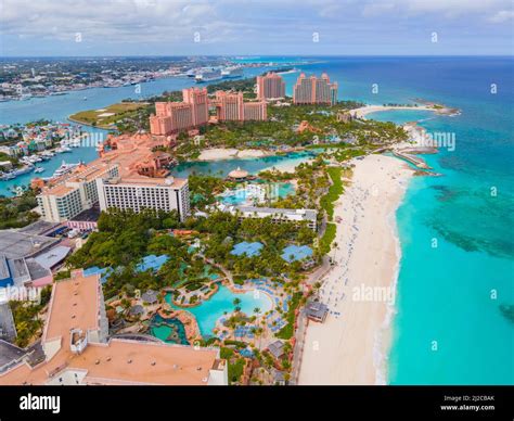 Paradise Beach aerial view and The Cove Reef Hotel at Atlantis Resort on Paradise Island ...