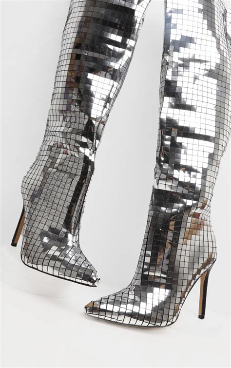 Silver Disco Ball Knee High Boot | Shoes | PrettyLittleThing