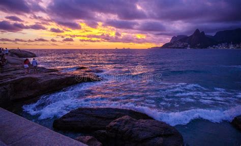 Sunset on the Beach in Ipanema. Water, Mountain and Sky. Stock Photo ...