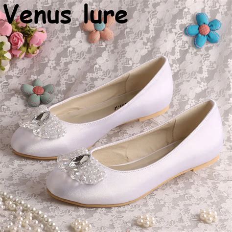 Womens White Flat Dress Shoes for Wedding Closed Toe Ladies Crystal Fashion Flats-in Women's ...