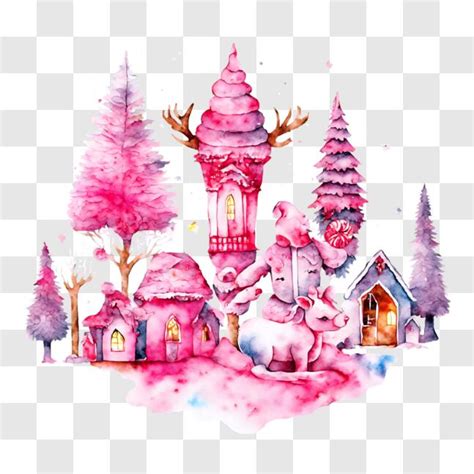 Download Snowy Village Watercolor Painting with Deer and Reindeer PNGs Online - Creative Fabrica