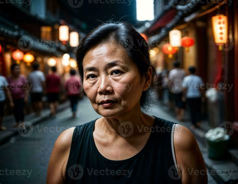 photo of senior old woman in china local street market at night, generative AI 34920260 Stock ...