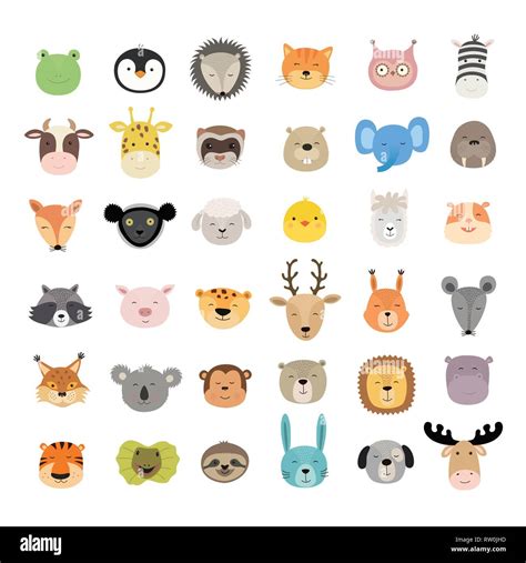 Big set of cute animal faces. Hand drawn characters. Vector illustration Stock Vector Image ...