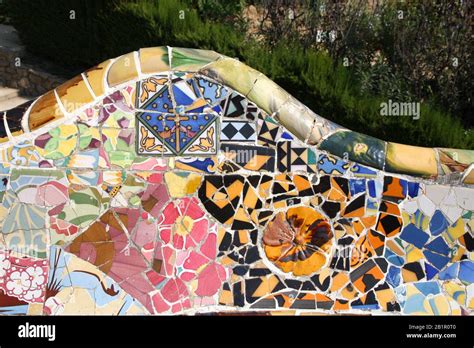 Artistic mosaic in Antoni Gaudi's Park Guell - Barcelona detail Stock ...