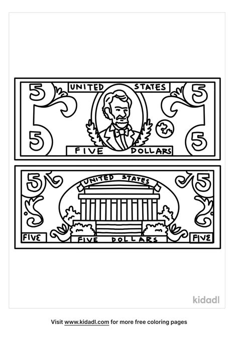 Free Two Sided Five Dollar Bill Coloring Page | Coloring Page ...