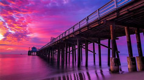 HD wallpaper: purple, sky, purple sky, malibu pier, dawn, structure ...