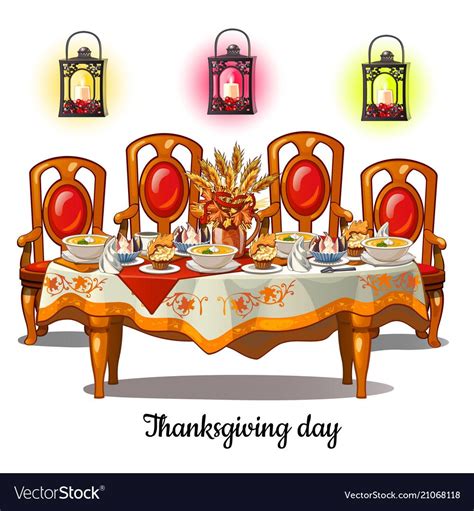 Festive table with food on thanksgiving day Vector Image Thanksgiving ...