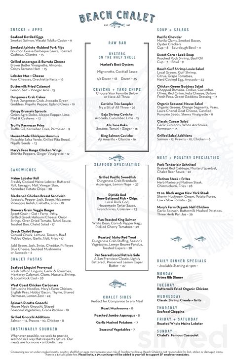 Beach Chalet Brewery and Restaurant menu in San Francisco, California, USA