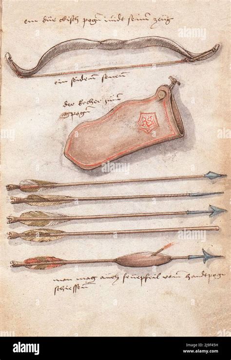 Medieval illustration of bow with quiver and different types of arrows. The tools of Martin ...