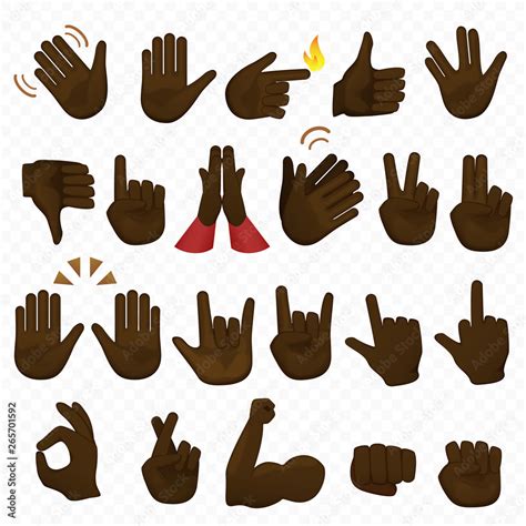 Set of dark black african american hands icons and symbols. Emoji hand ...