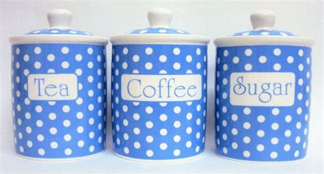 Light Blue Dots Tea Coffee Sugar Canisters Bone China Storage Jars Set Decor UK # ...