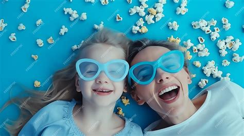 Premium AI Image | mother and daughter lying on blue floor in popcorn laughing wearing 3D glasses