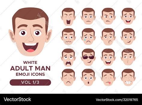 White adult man emoji icon set 1 3 Royalty Free Vector Image