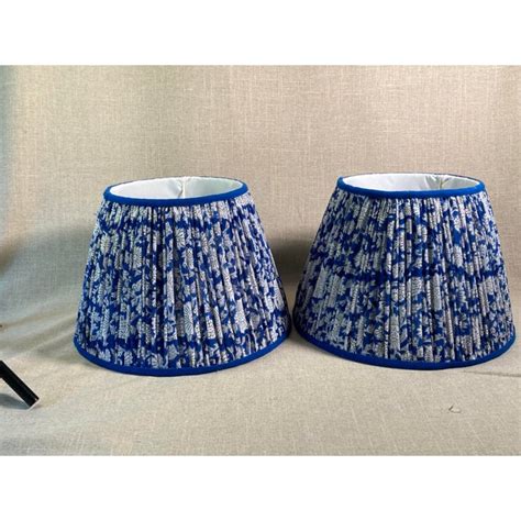 Shirred Blue & White Lamp Shades - a Pair | Chairish