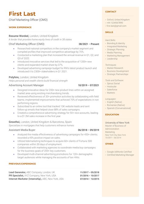 Chief Marketing Officer (CMO) - 1 Resume Examples for 2024 | Resume Worded