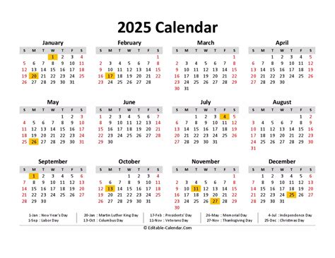 Download Free Printable Calendar 2025 With Us Holidays, weeks start on Sunday