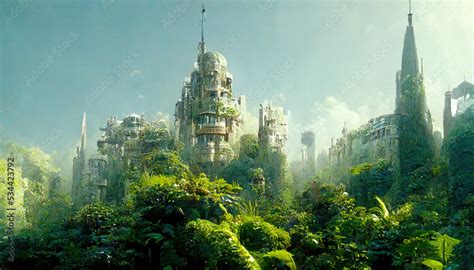 Post apocalyptic city, futuristic overgrown buildings, concept art. 3d ...