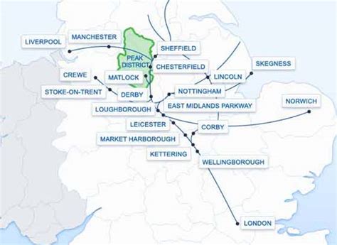 East Midlands Trains, Route map, List of Stations, UK.