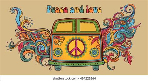 Cartoon Hippie Van Drawing Colorful cartoon of a hippie bus van painted with flowers hearts and ...