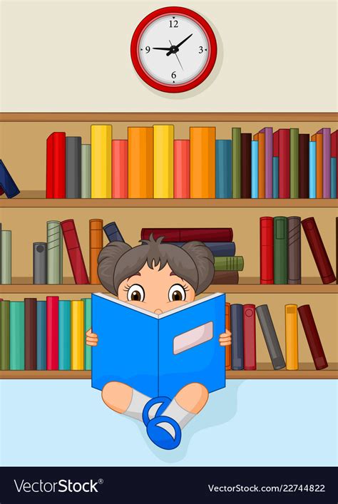 Girl cartoon reading a book in library Royalty Free Vector