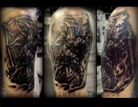 Grey Scale Knight and Bosnian Flag Tattoo by Justin Winter Seattle, Wa