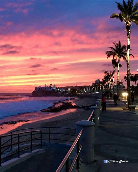 Mazatlan's Malecon at sunset, with Valentino's entertainment complex at ...