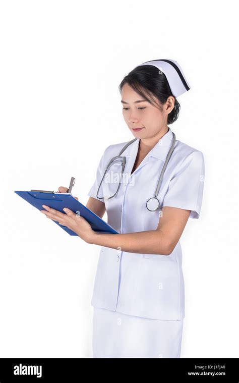 nurse in uniform writing paper on white background, healthcare and ...