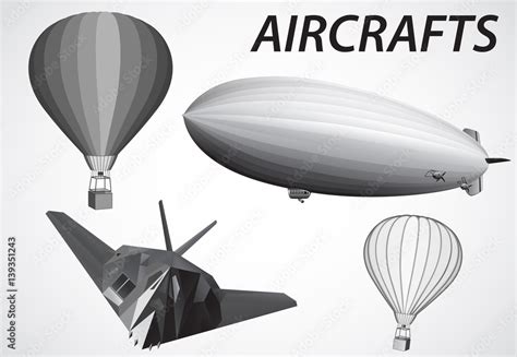 Aircraft. Airship, Stealth and Hot Air Balloon. Vector illustration ...