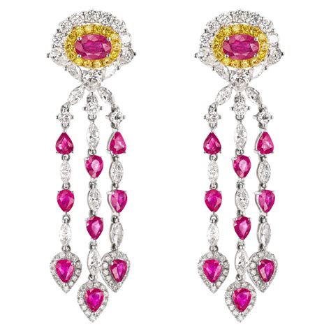 Ruby with White and Yellow Diamond Chandelier Earrings For Sale at 1stDibs