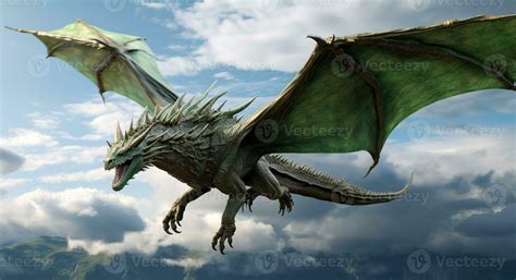 Fantasy Dragon. Ferocious monster. Vicious dragon flying in the air ...