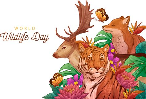 two deer and a tiger surrounded by flowers with the words world wildlife day written below