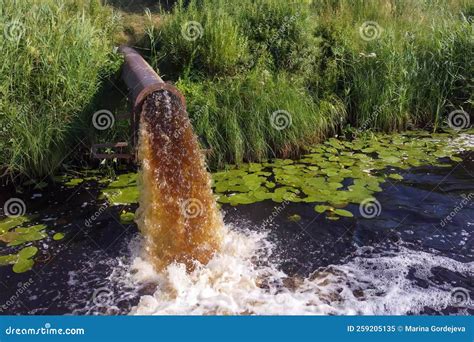 Pollution Enters the River. Dirty Water Flows from the Pipe into the River Stock Image - Image ...