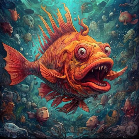 crazy fish angry furious mad portrait expressive illustration artwork oil painted sketch tattoo ...