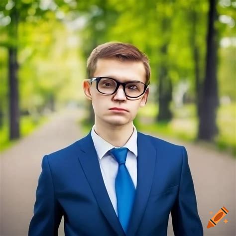 Portrait of a young man in a dark blue suit with glasses