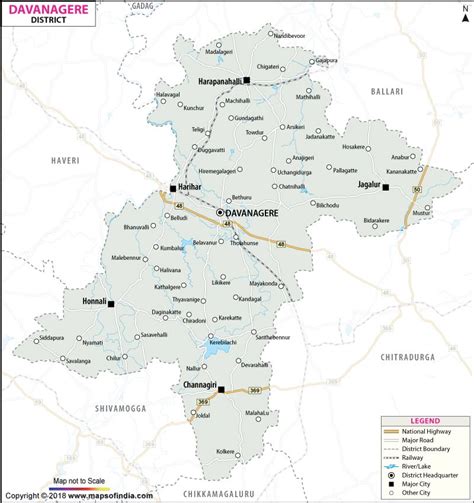 District map of Davangere showing major roads, district boundaries, headquarters, rivers and ...