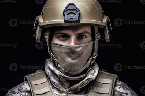 Army combat helmet are on his face closed by using optical sights and night vision, Generative ...