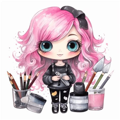 Watercolor funny create kawaii marbled black, silver, pink chibi with school supplies clipart ...