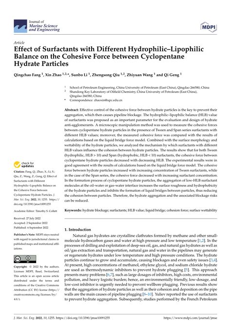 (PDF) Effect of Surfactants with Different Hydrophilic–Lipophilic Balance on the Cohesive Force ...