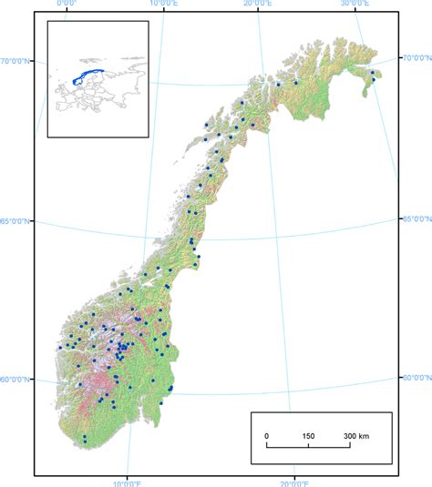 Topographic map of Norway with the 101 lakes included in the analysis ...