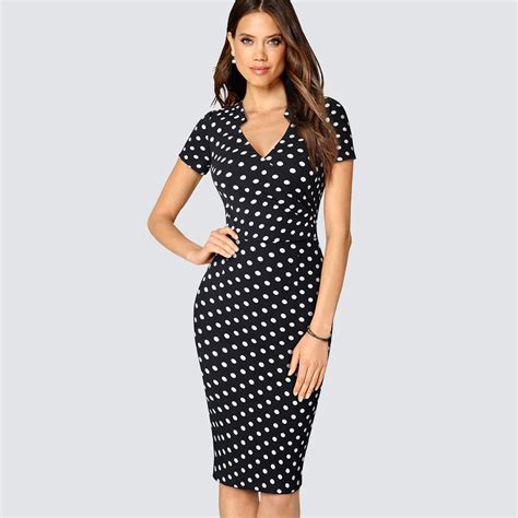 Women Vintage Summer Polka Dot Print Pencil Dress Casual Office Lady ...