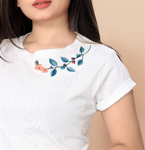 Flower Neck Hand Embroidery Crop Top T-shirt | Cute Soft Christmas Shirt for Women Girl Mom Best ...