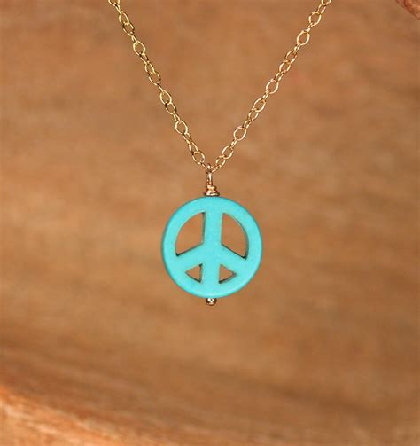 Peace sign necklace, peace symbol pendant, turquoise necklace, keep the peace, 14k gold filled ...