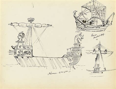 Sketch of a Roman warship, part of a Roman merchant ship and a vessel with sail set | Royal ...