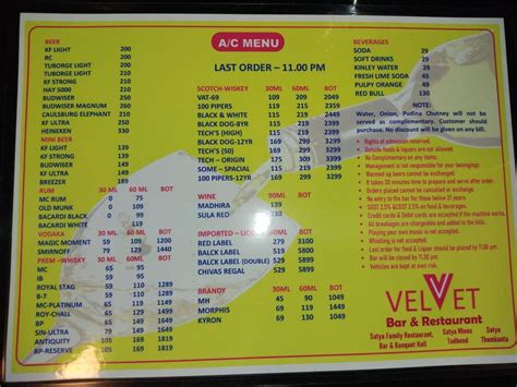 Menu at Velvet Bar & Restaurant, Hyderabad