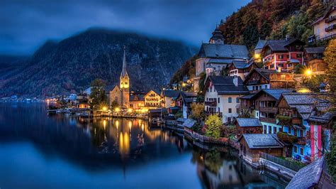 HD wallpaper: cityscape, night, hallstatt see lake, chruch, austria ...